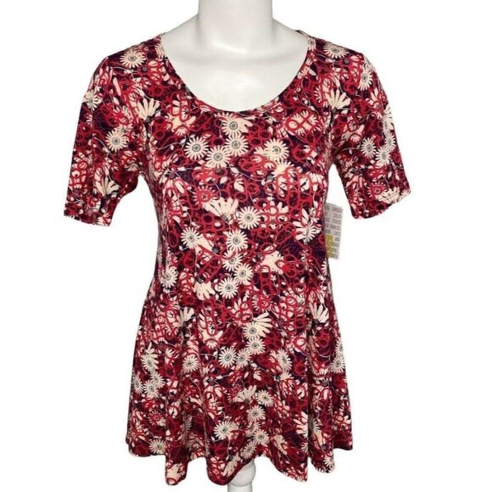 LuLaRoe Perfect T Red Blue Floral Swing T Shirt Top Sz XXS NEW